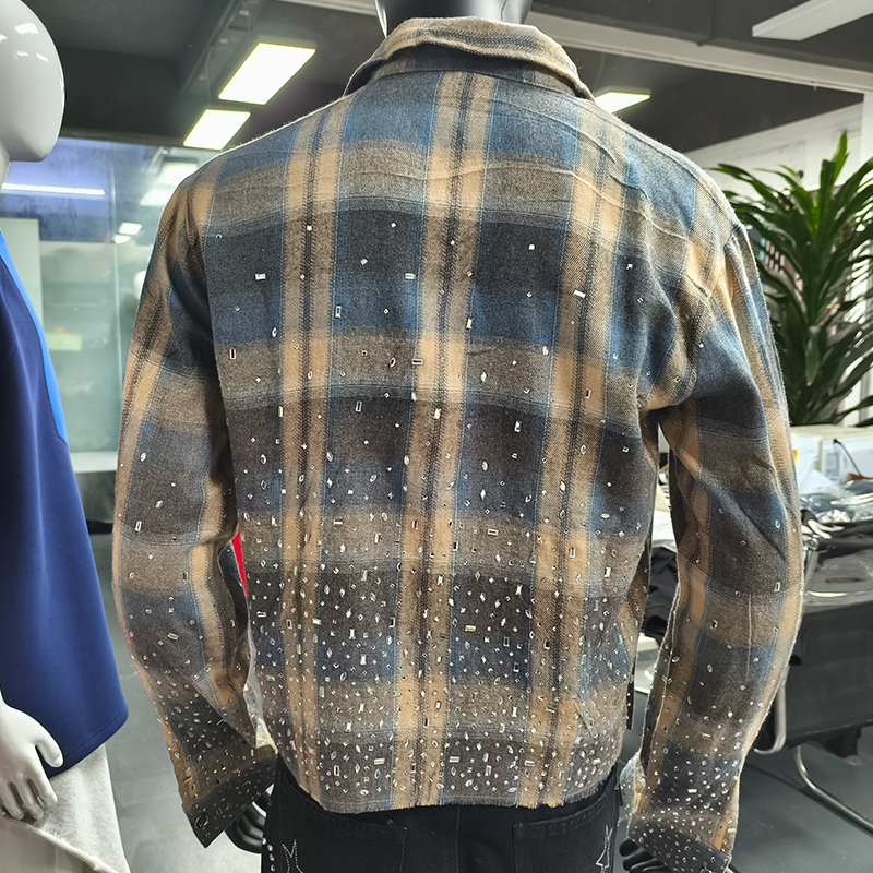 Custom Check Flannels Crop Long Sleeve Plaid Shirts Different Shapes Bright Shinny Rhinestones Flannel Button Up For Men