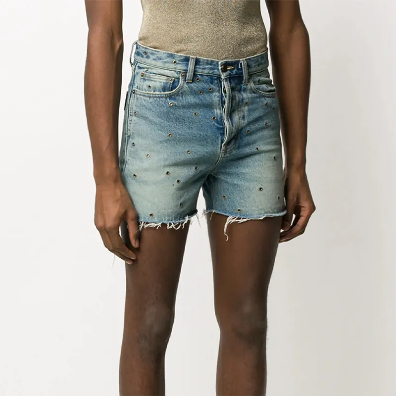 Customized Vintage Elegant Casual Washed Eyelet-Hollow Relaxed Women's Denim Shorts