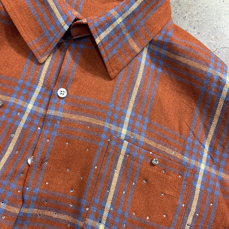 High Quality Men's Orange Plaid Shirt With Full Of Rhinestone Wholesale Fashion Spring Autumn Loose Flannel Long Sleeve Shirts