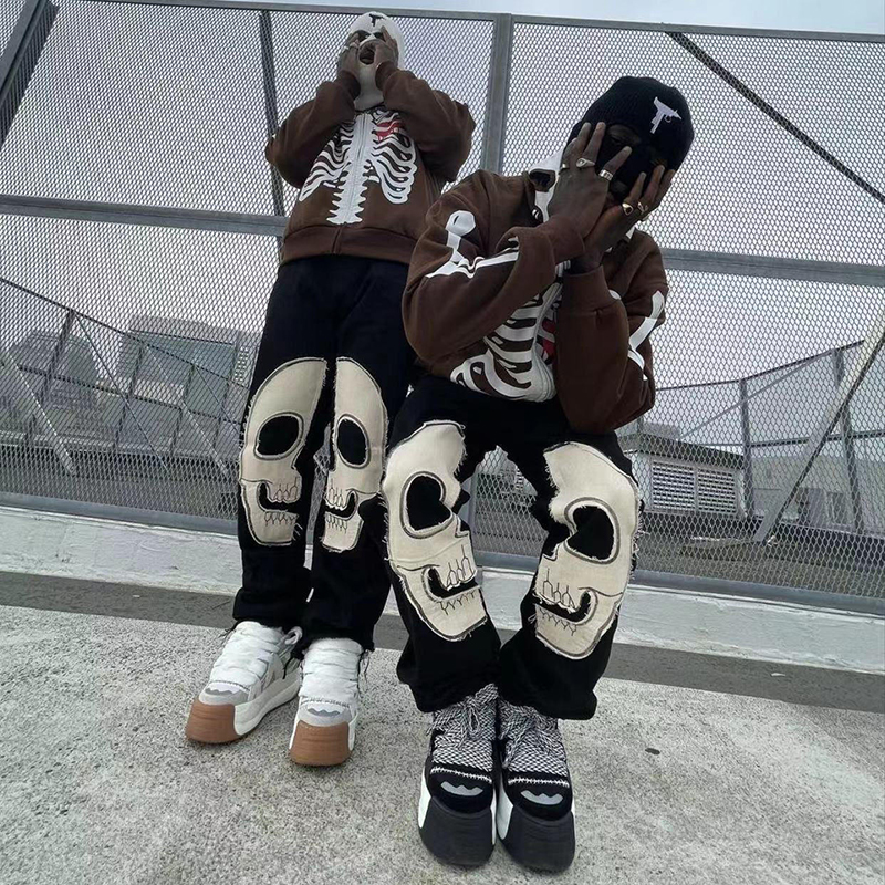 Streetwear Mens Cotton Trousers Sweatpants Custom Men Skull Patchwork Patch Embroidery Fleece Stacked Pants