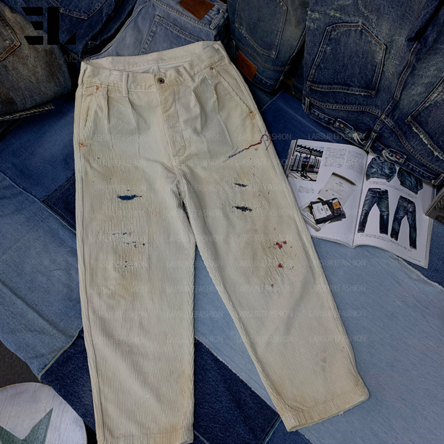 LARSUR Custom Factory Distress Damage Wash Patchwork Corduroy Pants Baggy Sun Faded Cotton Heavy Straight Leg Corduroy Pants