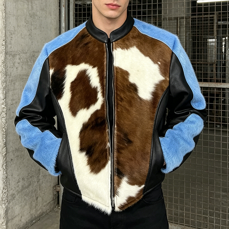 Custom Premium Fuzzy Vintage Biker Cowhide Print Leather Jacket Color Block Patchwork Faux Fur Moto Bomber Streetwear Jackets