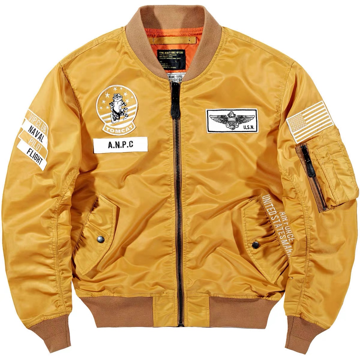 Custom Embroidered logo Patch Yellow Vintage Cropped pilot Flight Jacket Nylon Nasa Bomber Jacket for Men