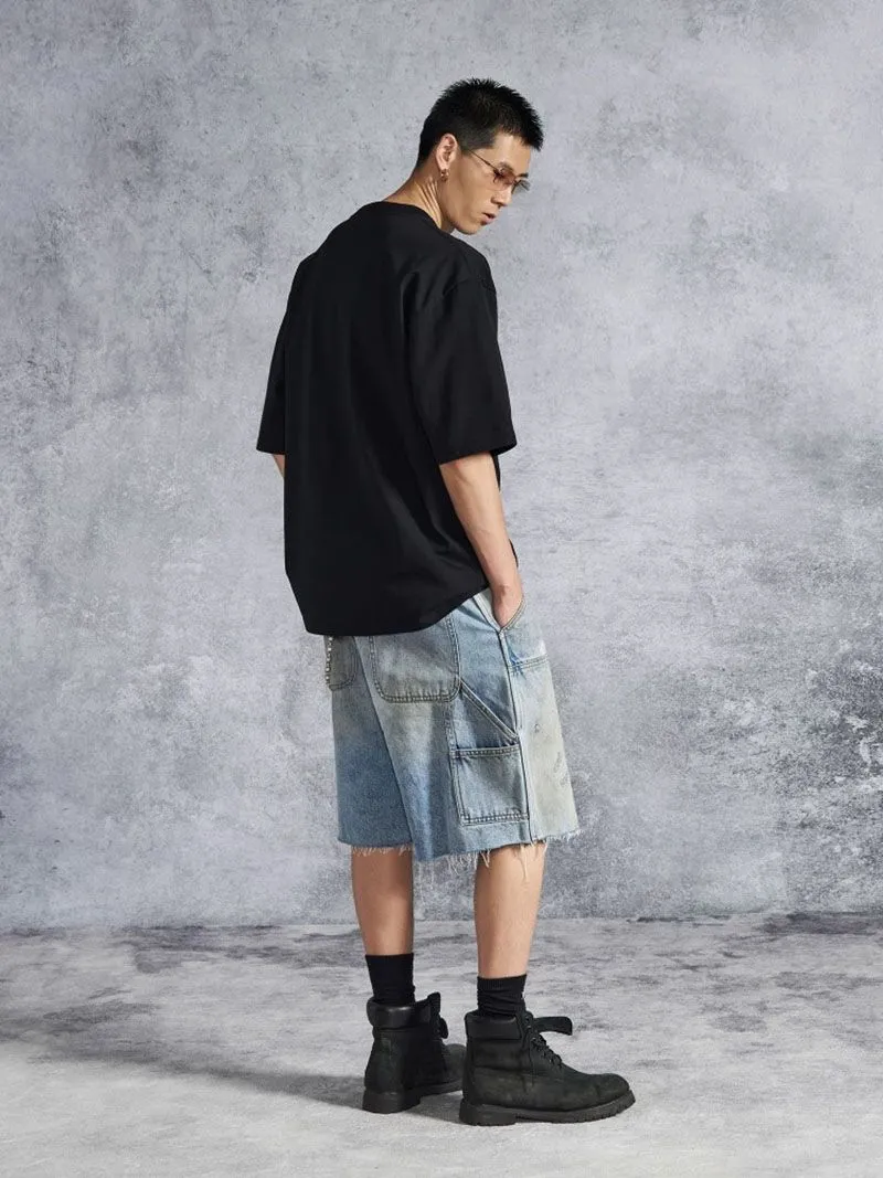 Summer Men's High-End Design Spliced Perforated Straight Leg Denim Shorts