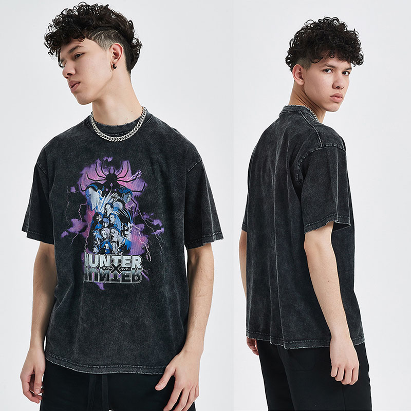 Mens Graphic Tshirt Heavyweight Cotton Hiphop Streetwear Acid Wash Vintage Graphic t Shirts and Shorts Set Custom Vintage Tee