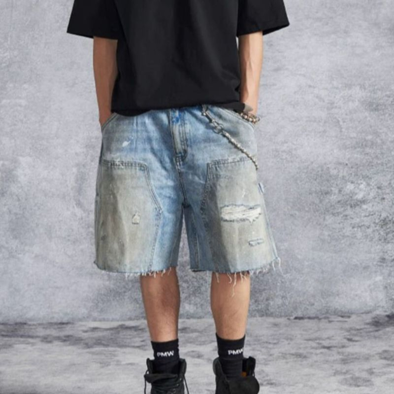 Summer Men's High-End Design Spliced Perforated Straight Leg Denim Shorts