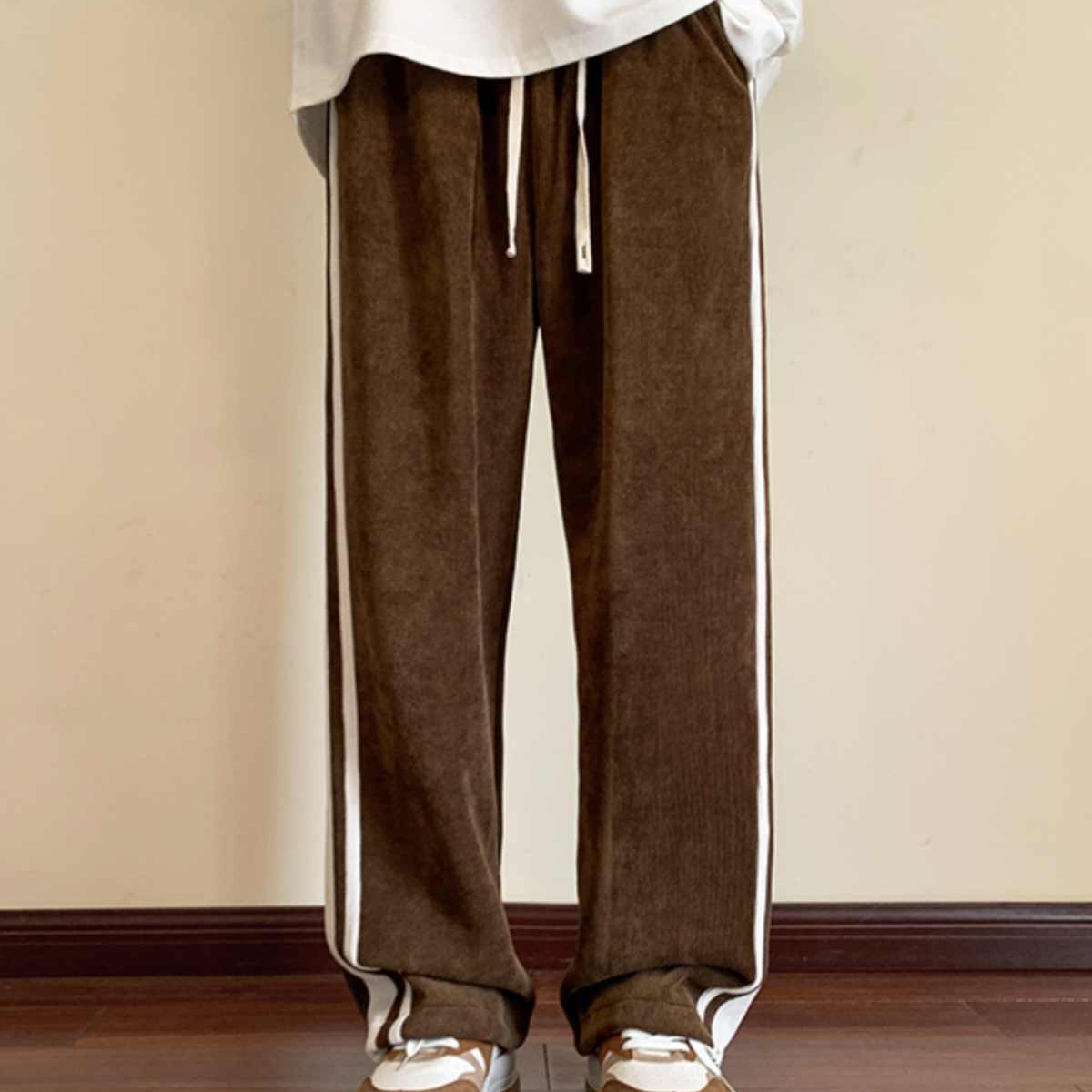 Men's 2026 Autumn Side Stripes Sport Casual Loose Sweatpants 100% Cotton Straight Cut Corduroy OEM Service XL Size Long Pants