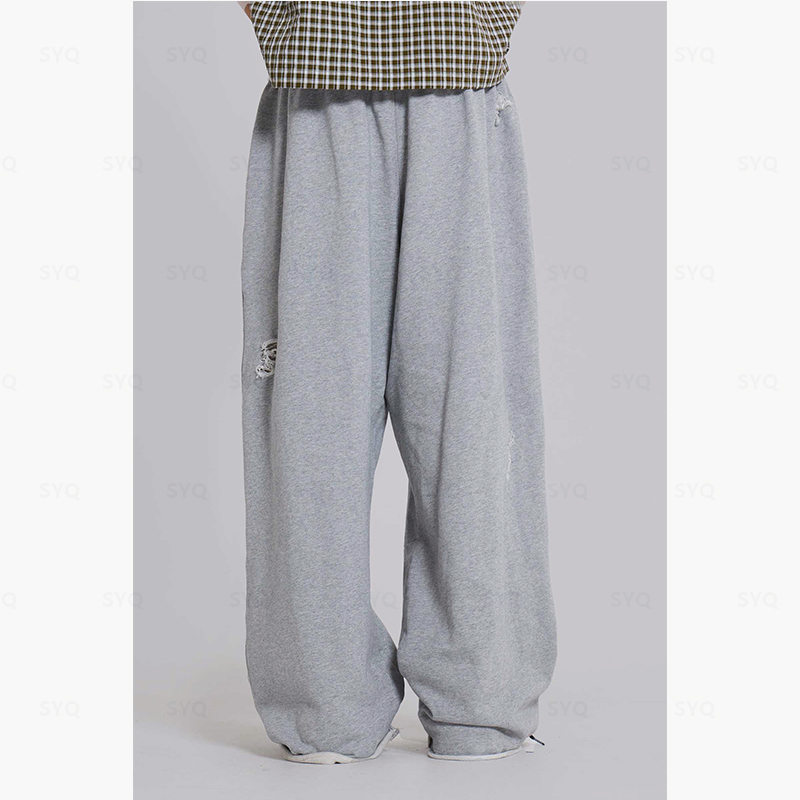 OEM Wholesale Clothing High Quality Casual Distress Plain Wide Leg Elastic Waist Autumn Sports Trendy Versatile Pants for Men