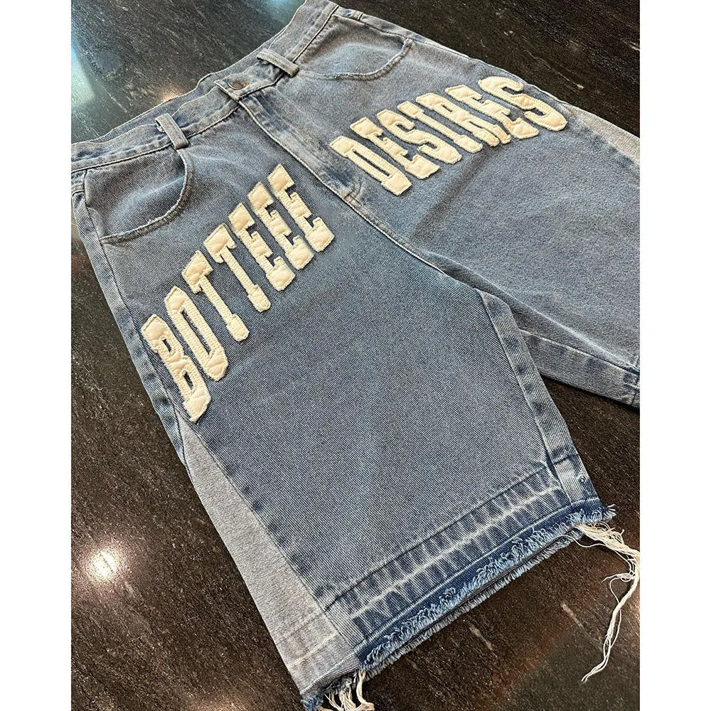 Custom Applique Embroidered Patches Raw Hem Cut Edge Distressed Streetwear Jeans Denim Shorts for Men