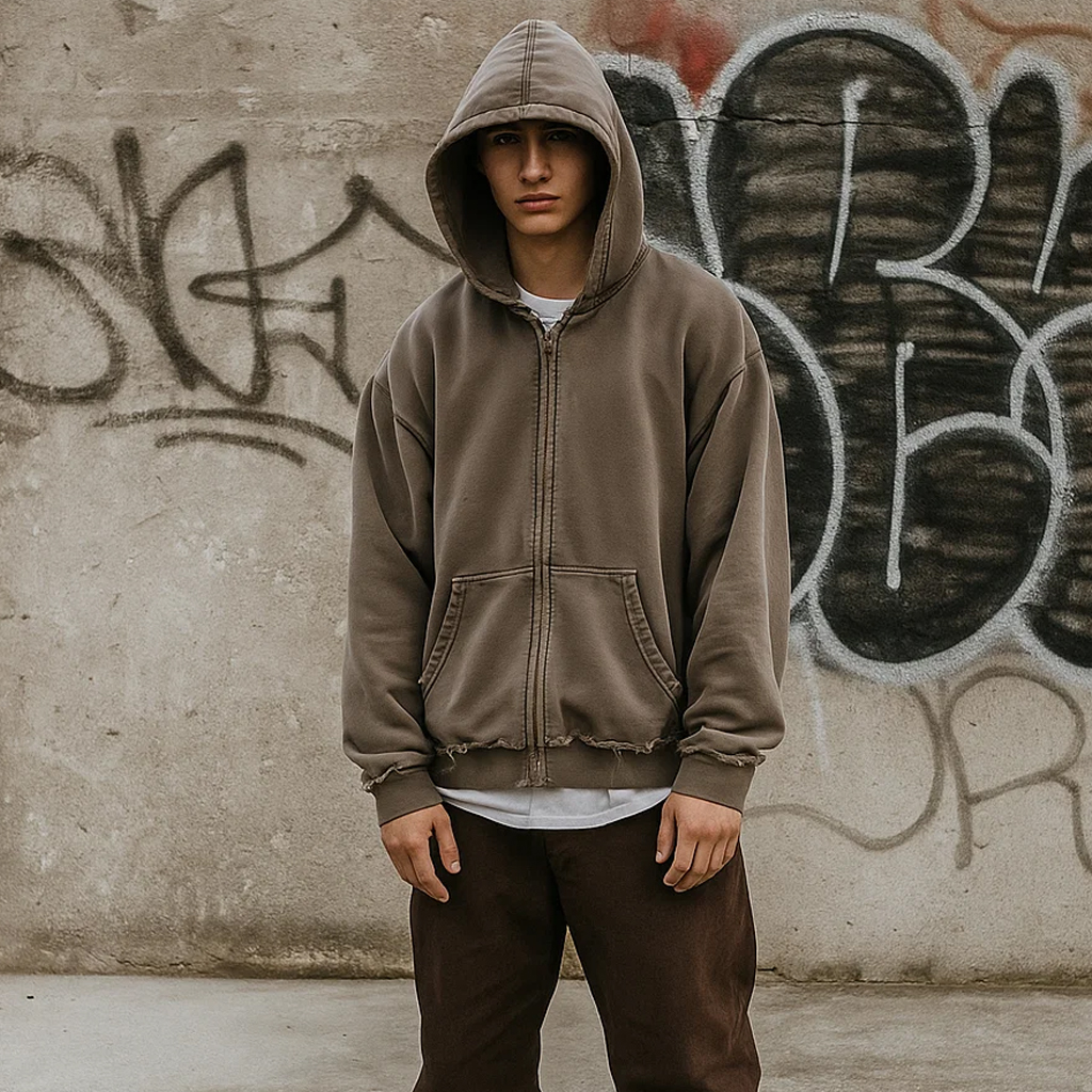Heavyweight 400Gsm Plus Size Oversized Zip Up Hooded Custom Zipper Acid Wash Distressed Faded Vintage Washed Style Hoodie