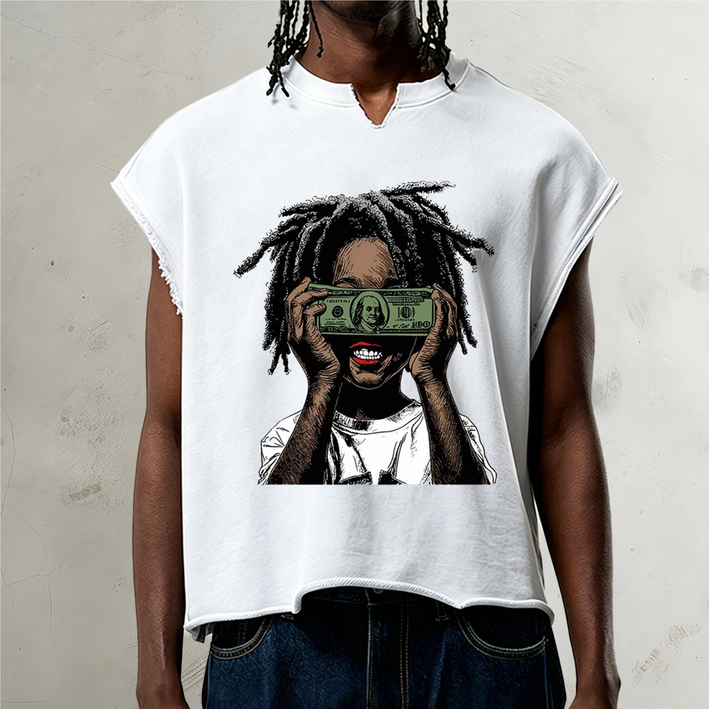 Custom White 100%Cotton Heavyweight Personalized Acid Wash Rhinestone Graphic Boxy Cropped Sleeveless T Shirts For Men