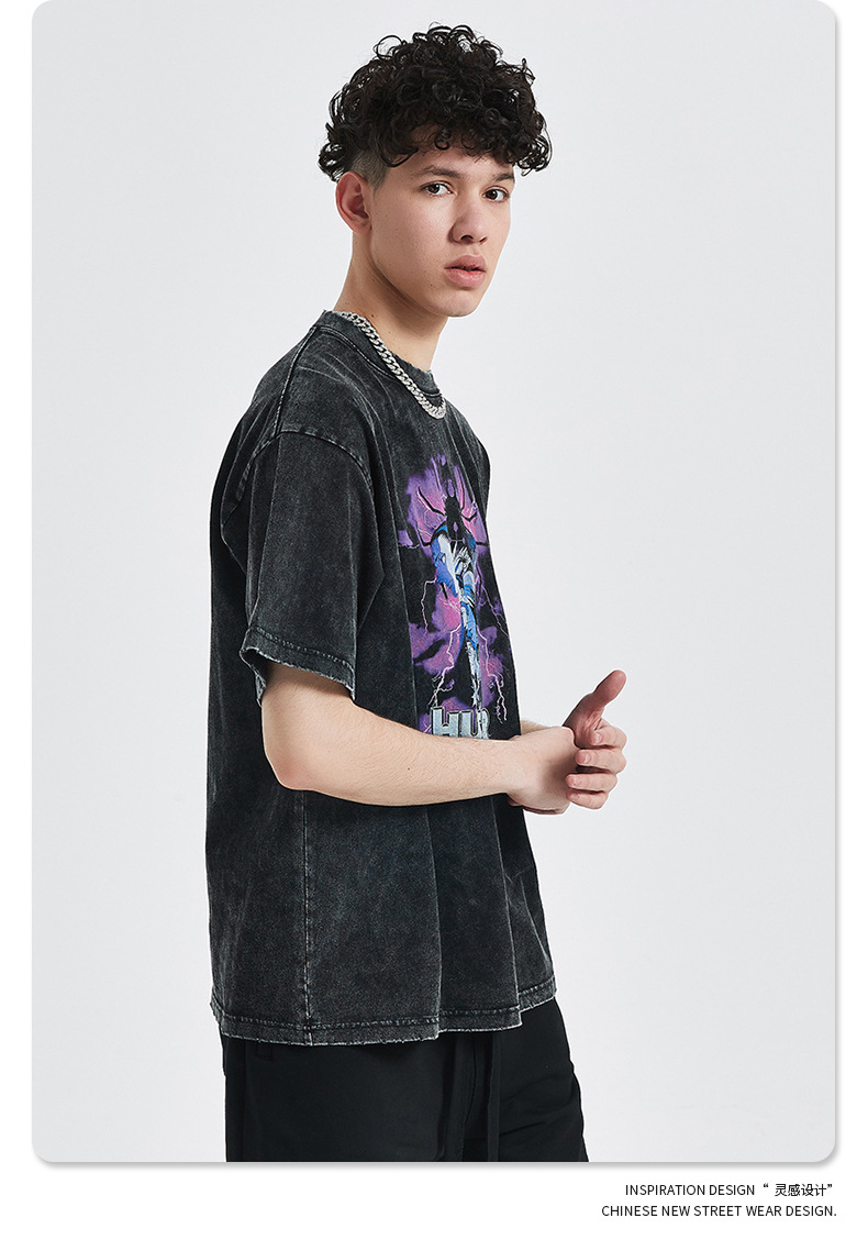 Mens Graphic Tshirt Heavyweight Cotton Hiphop Streetwear Acid Wash Vintage Graphic t Shirts and Shorts Set Custom Vintage Tee