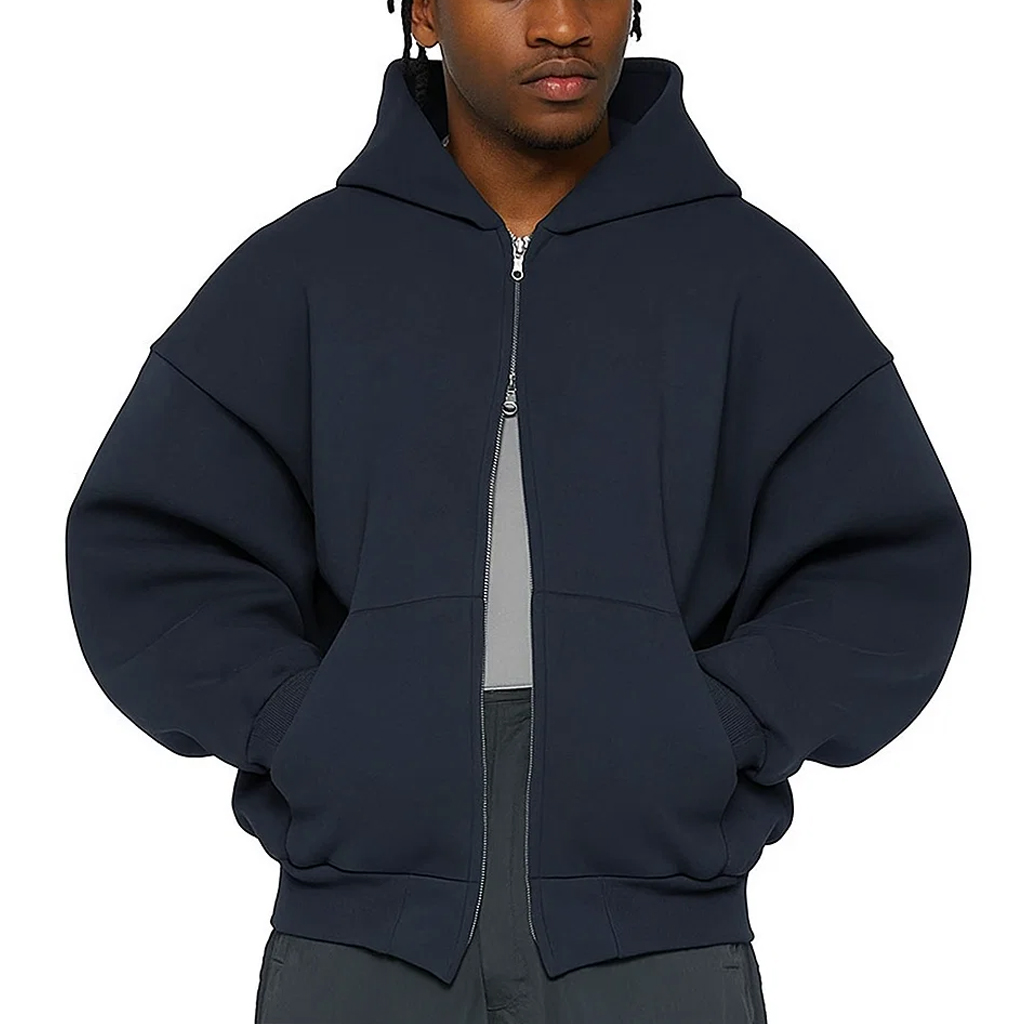 Custom Men Cotton 500Gsm Blanks Heavyweight Fleece Cropped Full Zip Up Oversized Hoodie with Double Slider Zipper Design