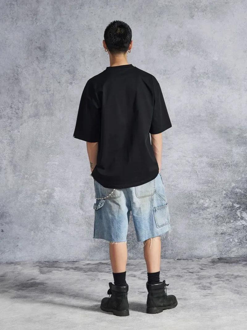Summer Men's High-End Design Spliced Perforated Straight Leg Denim Shorts