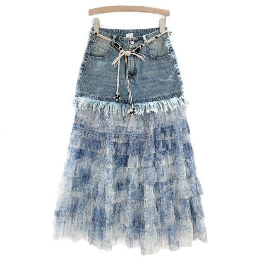 Elegant Women's Floor-Length Denim Skirt Polyester 300g Natural Waist Casual Streetwear Pleated Washable Solid All Seasons