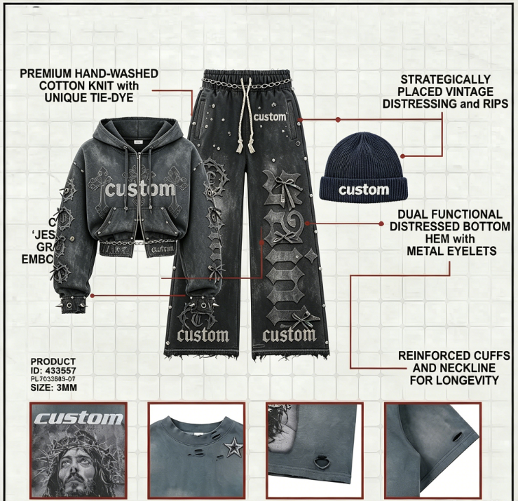 Custom Distressed Embroidery Zip Up Rhinestone Graphic Boxy Hoodie Sweatpants Acid Wash Tracksuit Mens Hoodies Sweatshirt Sets