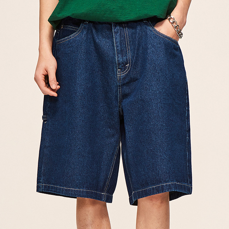 90%Cotton 10% Rayon Khaki Green Series Retro Loose Straight Barrel Worn Wash Solid Denim Shorts for Men