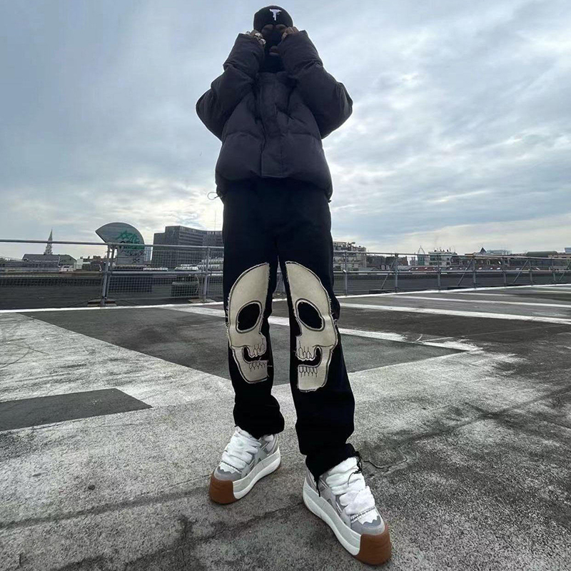 Streetwear Mens Cotton Trousers Sweatpants Custom Men Skull Patchwork Patch Embroidery Fleece Stacked Pants