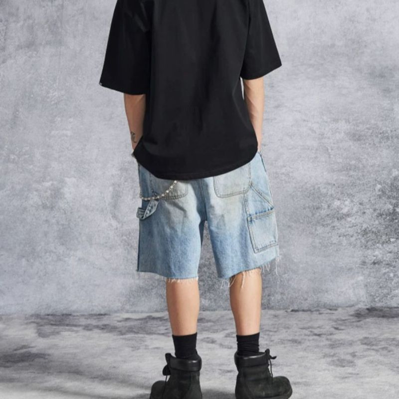 Summer Men's High-End Design Spliced Perforated Straight Leg Denim Shorts