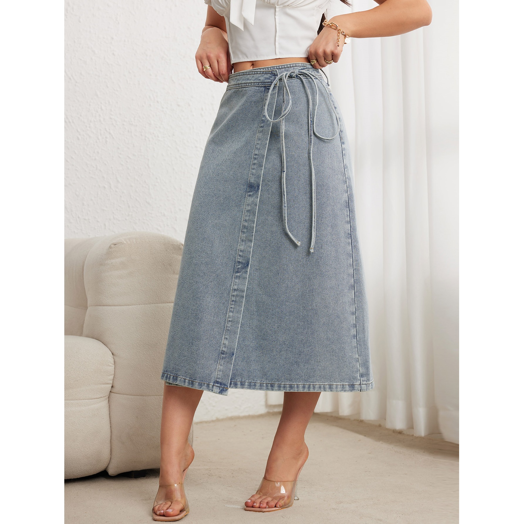 Cross-Border Women's Denim Skirt Side Tie Loose Fit Vintage Split Elegant Mid-Length Pencil Silhouette Quick Dry