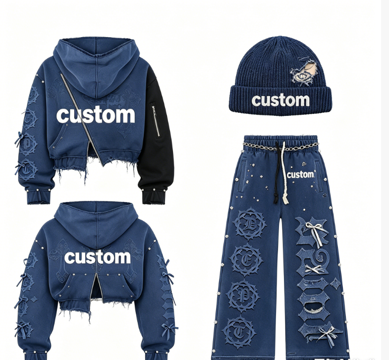 Custom Distressed Embroidery Zip Up Rhinestone Graphic Boxy Hoodie Sweatpants Acid Wash Tracksuit Mens Hoodies Sweatshirt Sets