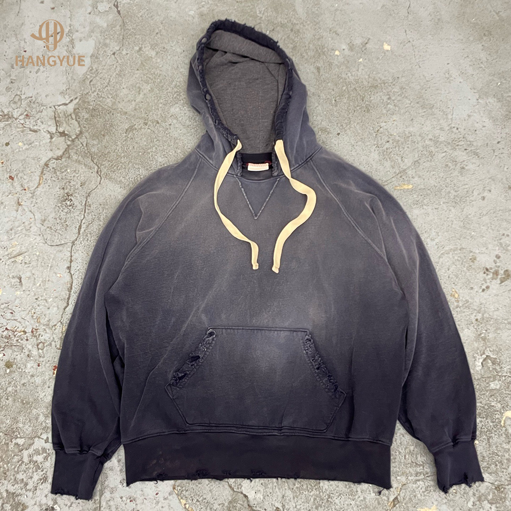 Custom Heavyweight 100% Cotton Acid Washed Oversized Blank Hoodies Men Cropped No Strings Sun Faded Vintage Stone Wash ODM