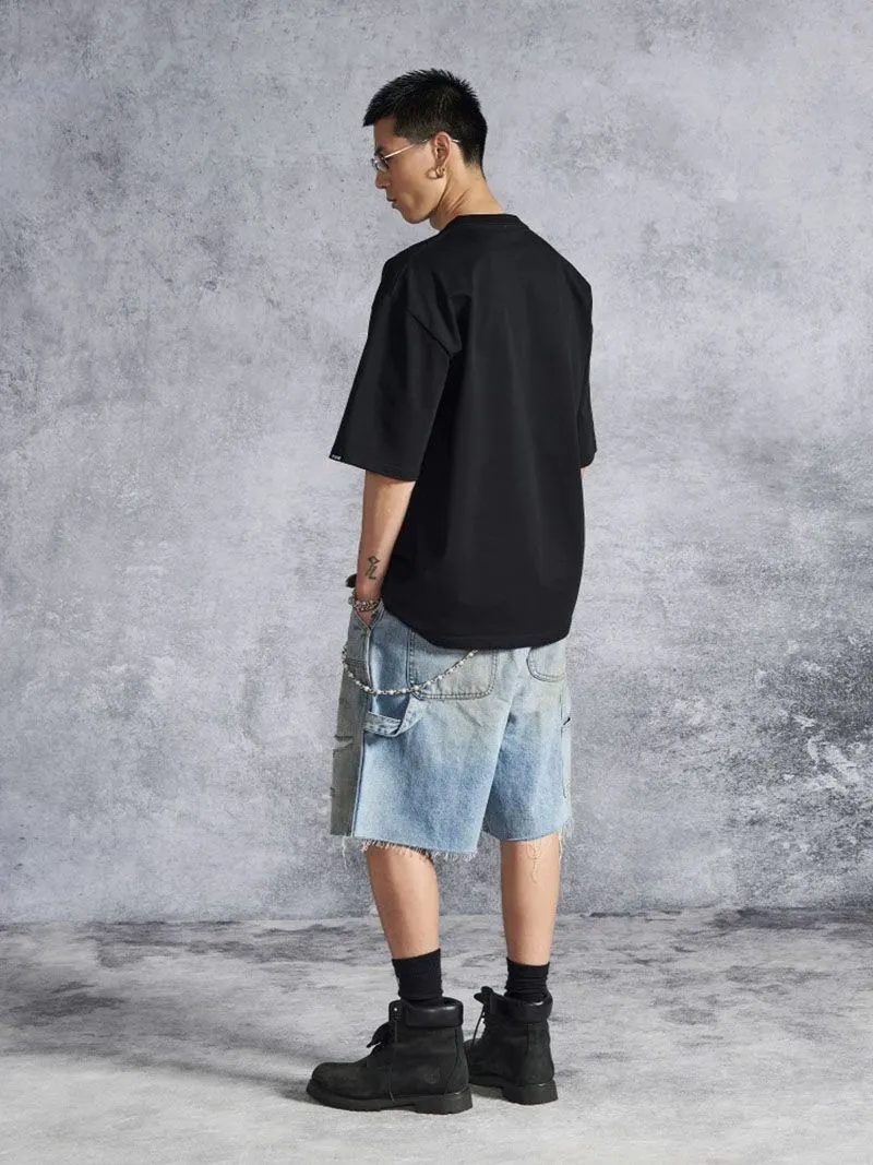 Summer Men's High-End Design Spliced Perforated Straight Leg Denim Shorts