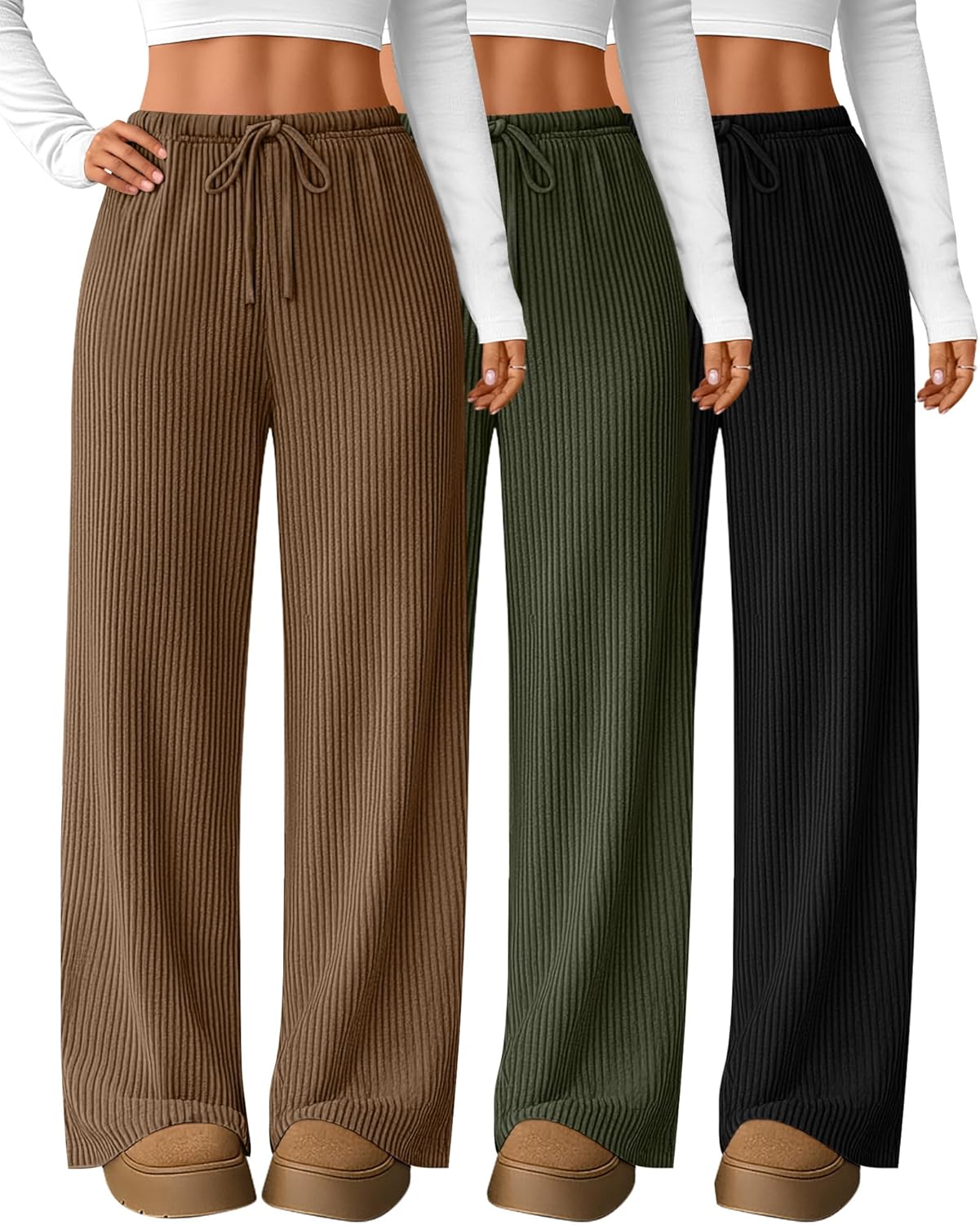 Elastic Knitted Ribbed Wide Leg Autumn/Spring Work Trousers with Drawstring Waist Polyester Spandex Blend Casual