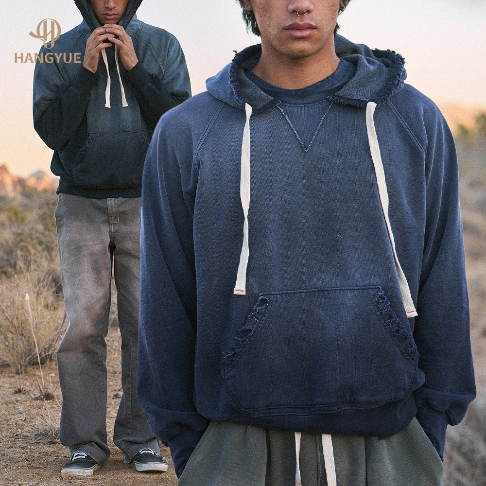 Custom Heavyweight 100% Cotton Acid Washed Oversized Blank Hoodies Men Cropped No Strings Sun Faded Vintage Stone Wash ODM