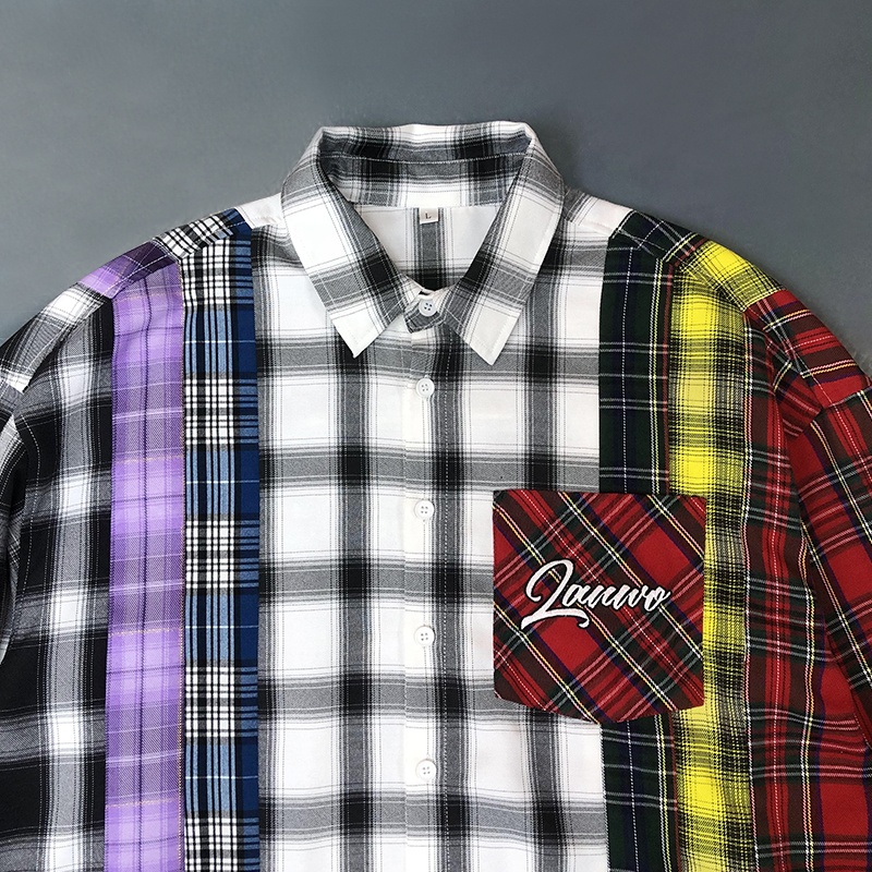 OEM Custom Logo Heavyweight Patchwork Color Block Plaid Flannel Shirt Men Vintage Oversized Multi Panel Streetwear Boxy Fit