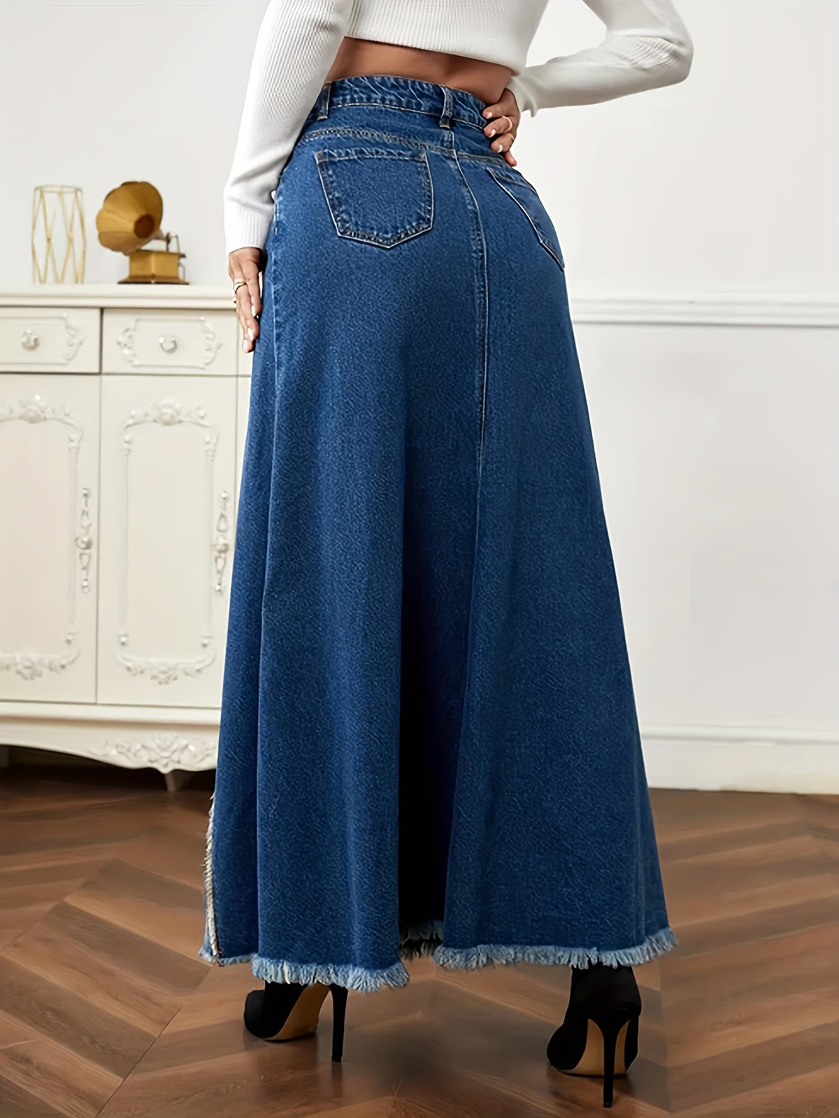 YUANBOFEI Women's Skirts Denim Jean Skirt High Waist Dark Wash Split Detail Lady Slimming Denim Skirts