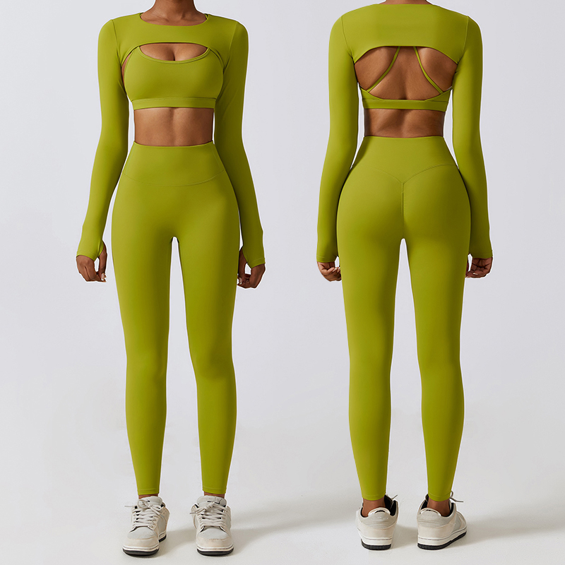 4 Piece Sports Fitness Yoga Wear Leggings Sets Women Long Sleeve Activewear Gym Workout Clothing