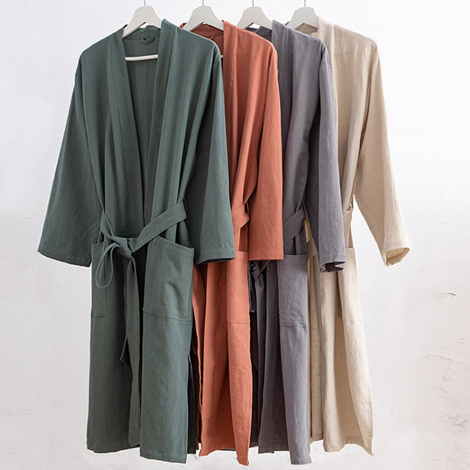 Custom Logo Cotton Linen Bath Robe SPA Kimono Sleepwear Bathrobe for Women