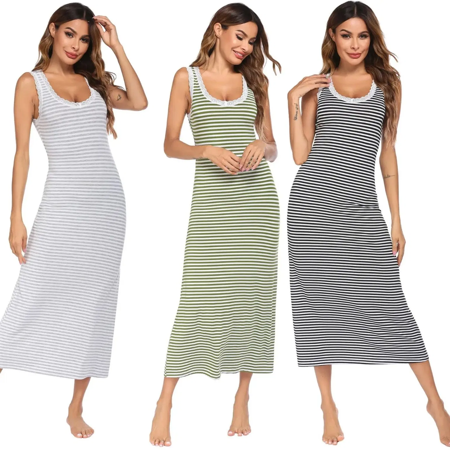 Long Striped Loungewear Cotton Nightgowns Sleeping Home Feminine Clothes Lady Nightdress