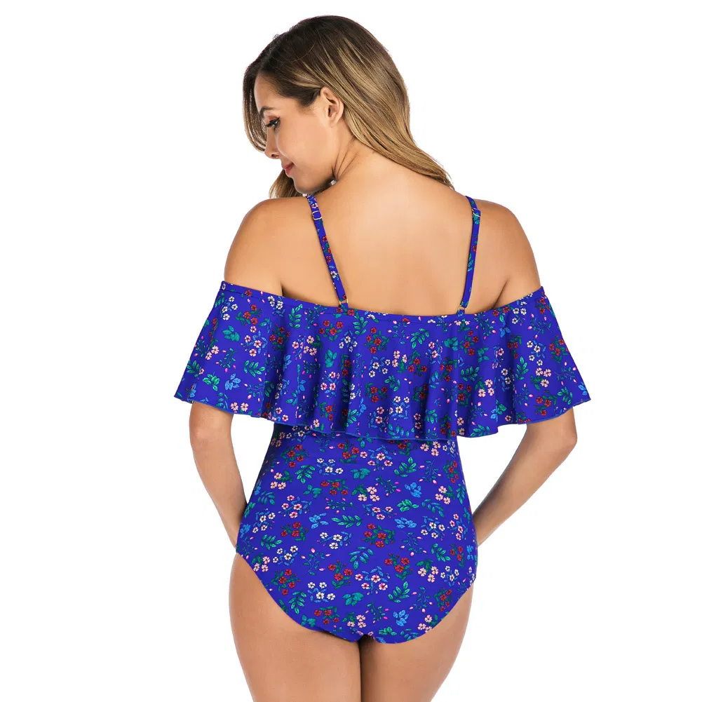 Wholesale off Shoulder Ruffle Maternity Clothing Young Sexy Ladies One Piece Blue Floral Printing Swimwear Bikini