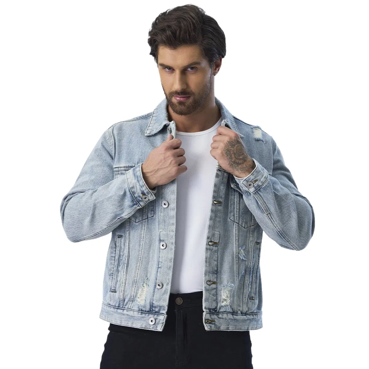 Custom Ripped Design Outerwear Denim Fabric Motorcycle Jeans Jackets for Men