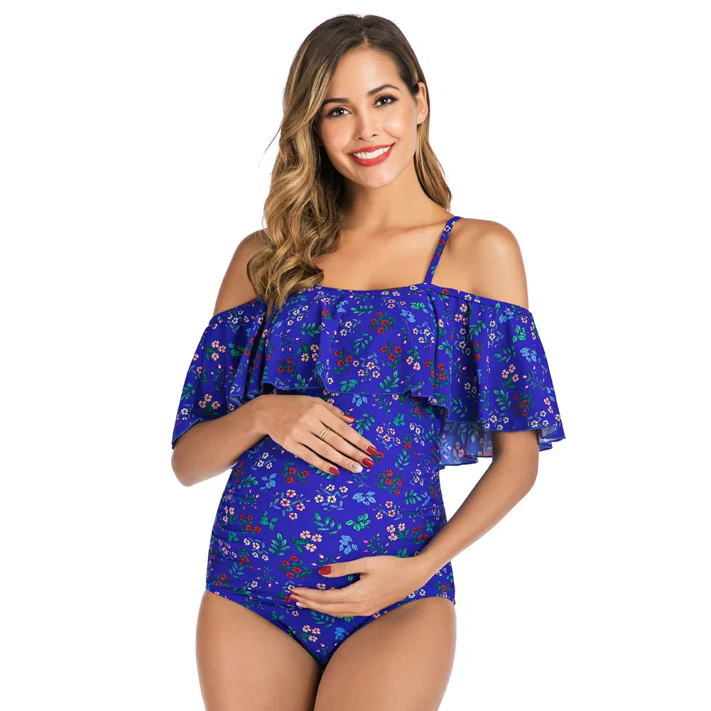 Wholesale off Shoulder Ruffle Maternity Clothing Young Sexy Ladies One Piece Blue Floral Printing Swimwear Bikini
