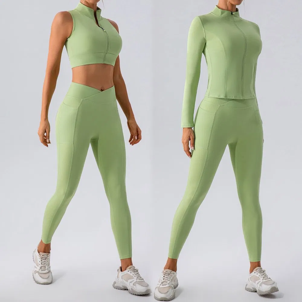 New Arrival 3PCS Casual Slim Fit Athletic Apparel Zipup Exercise Clothes for Women, Customize Logo Gym Tank Top + Running Jacket + Yoga Pants Activewear Set