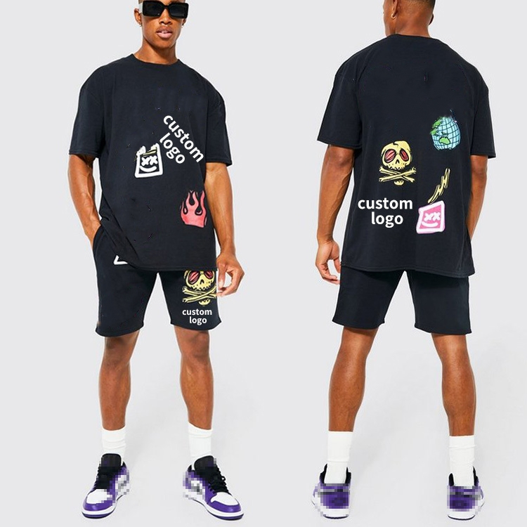OEM Plus Size Cotton French Terry High Quality Tshirt T Shirt and Shorts Summer Two Piece Men Blank Custom Unisex Short Sets Set Tracksuit Clothing