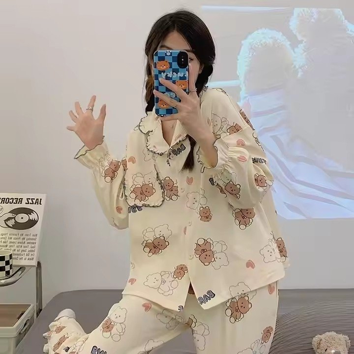 Cartoons Print Two Pieces Pajamas Set Autumn Paopao Cotton Sleepwear Korean Fashion Home Clothes Ladies Pants and Top Loungewear