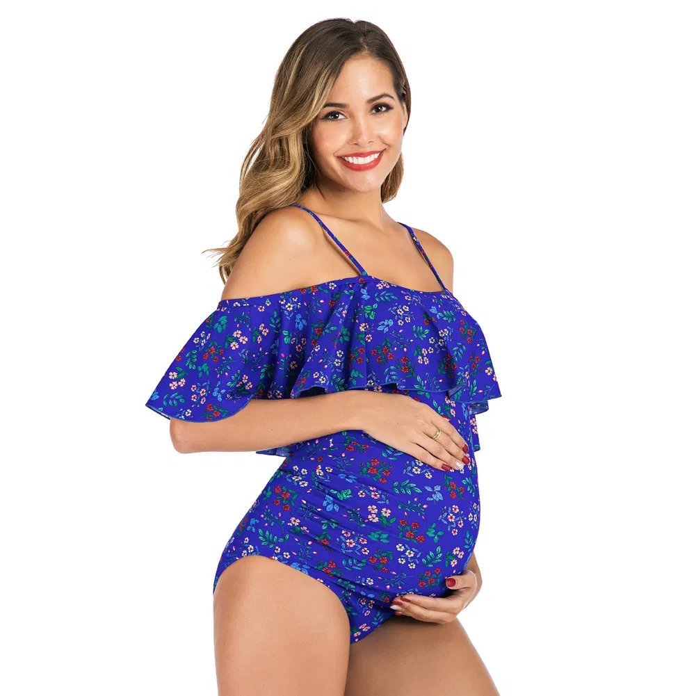 Wholesale off Shoulder Ruffle Maternity Clothing Young Sexy Ladies One Piece Blue Floral Printing Swimwear Bikini