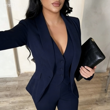 Navy Blue Three-Piece Blazer Suit Set - Chic Women's Business Formal Wear