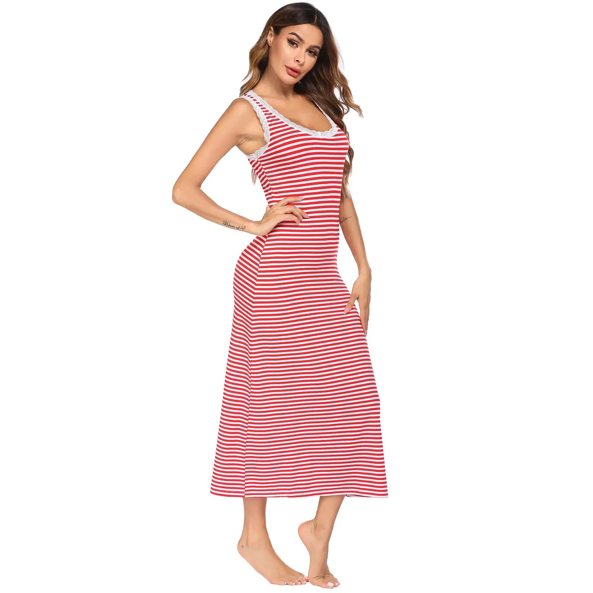 Long Striped Loungewear Cotton Nightgowns Sleeping Home Feminine Clothes Lady Nightdress
