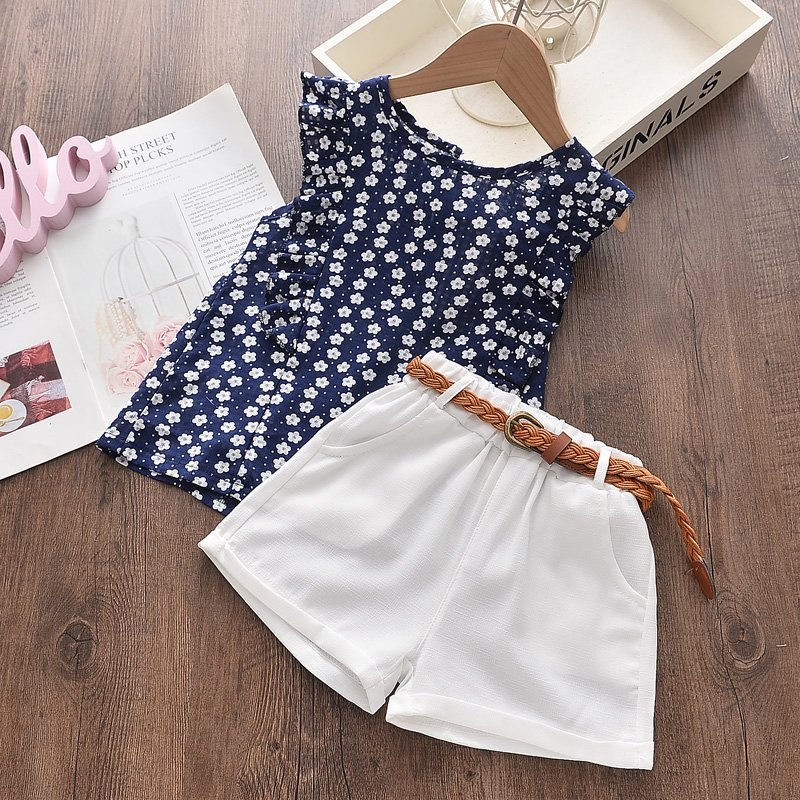 Girls Clothing New Summer Sleeveless T-Shirt + Printed Bowknot Skirt Kids Clothing