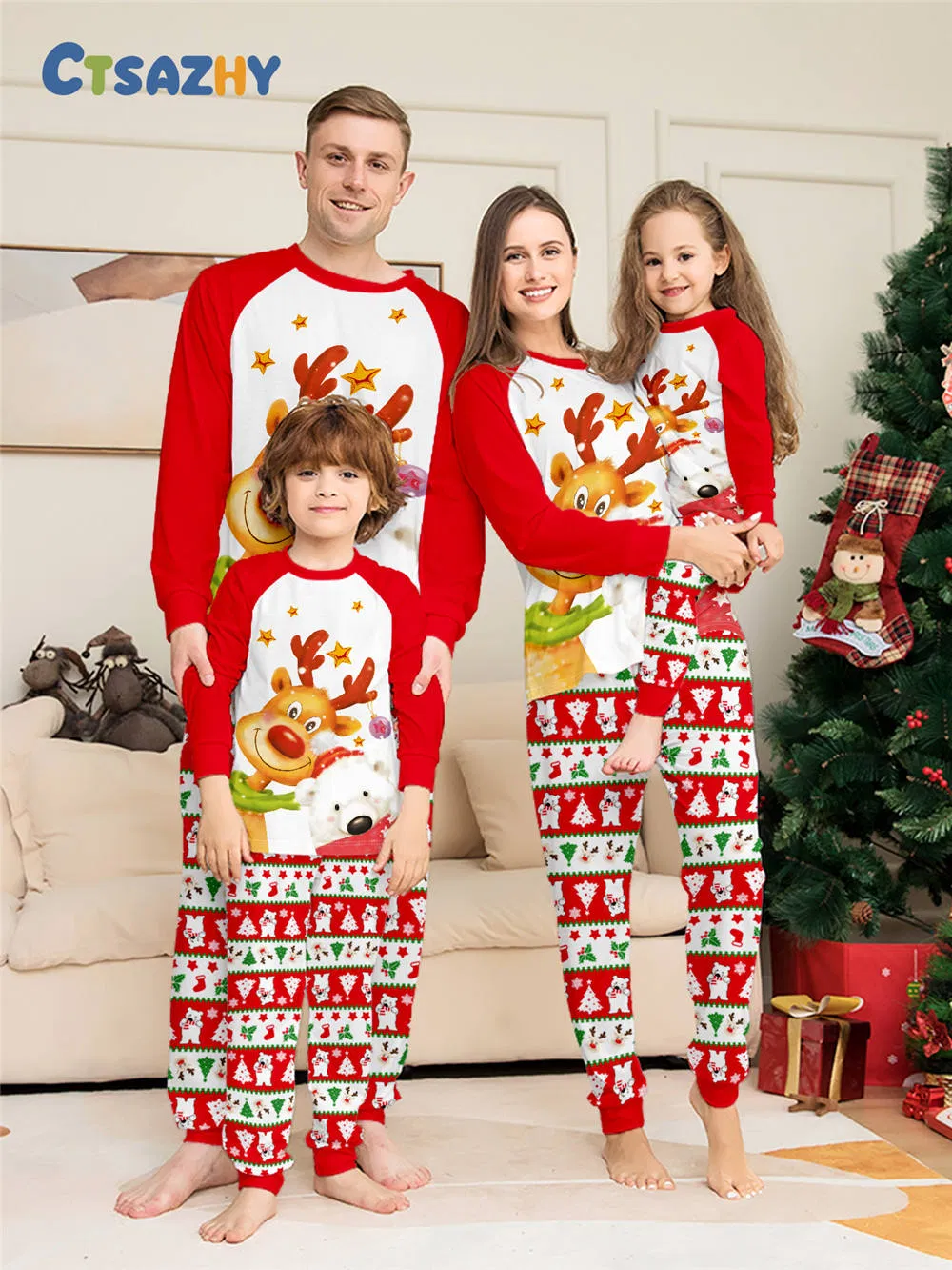 Family Pajamas: Boys', Girls', Women's, Men's Loungewear, Long-Sleeved Polyester, Cute Cartoon Printed Christmas Pajama Sets Clothing