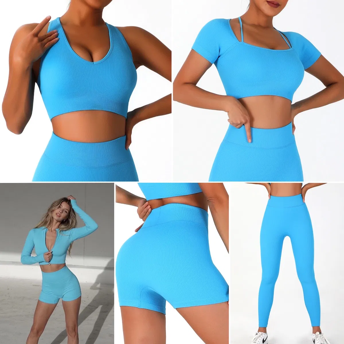 5PCS Ribbed High Quality Working out Set Body Shaping Training Apparel for Women, Custom Seamless Sportswear Fitness Top + Yoga Shorts + Leggings Gym Wear