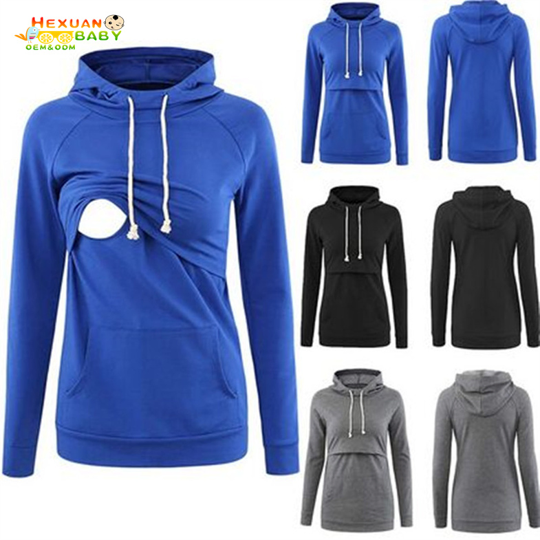 Women Maternity Nursing Tops Clothes Solid Color Long Sleeve Layering Breastfeeding Hoodie Sweatshirts with Pocket