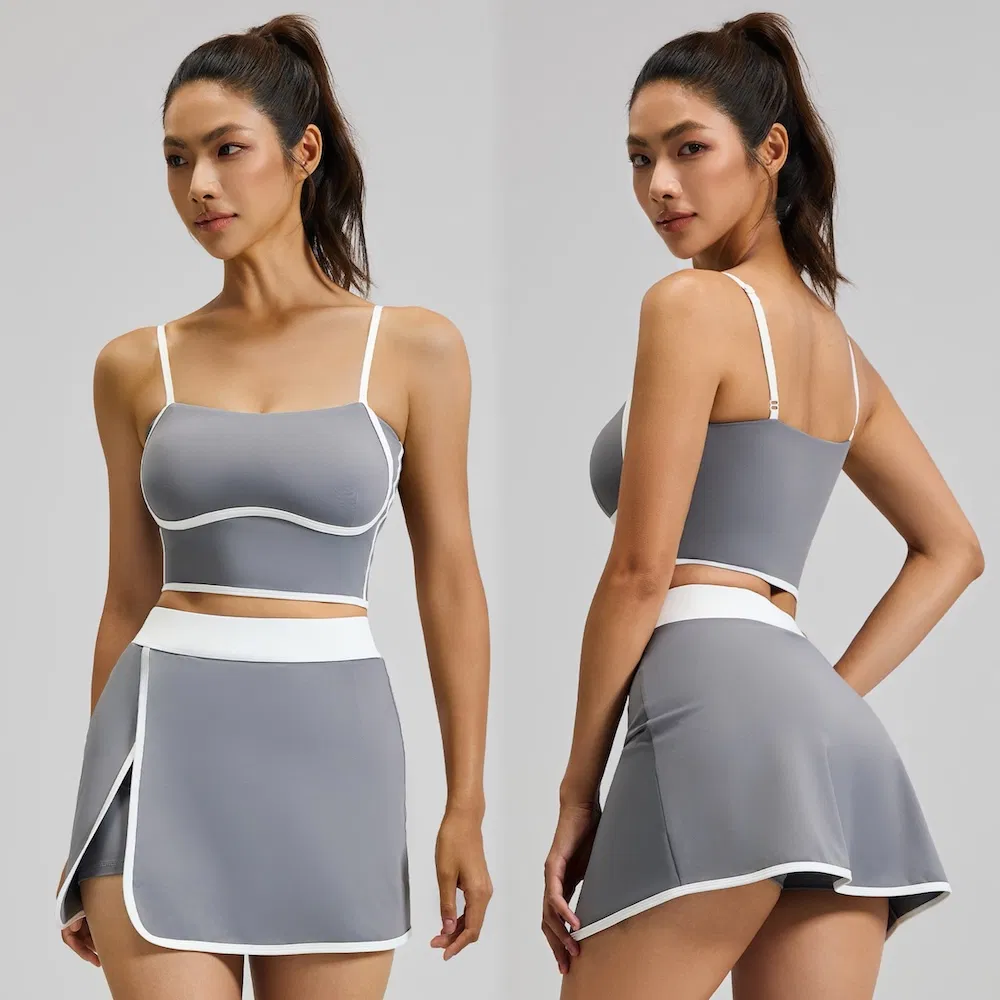 Top Picked Colorblock Sports Outfits Sexy Athletic Apparel for Women, 2 Pieces Sling Cami Top with Built-in Bra + Tennis Skirt with Liner Shorts Paddle Clothes