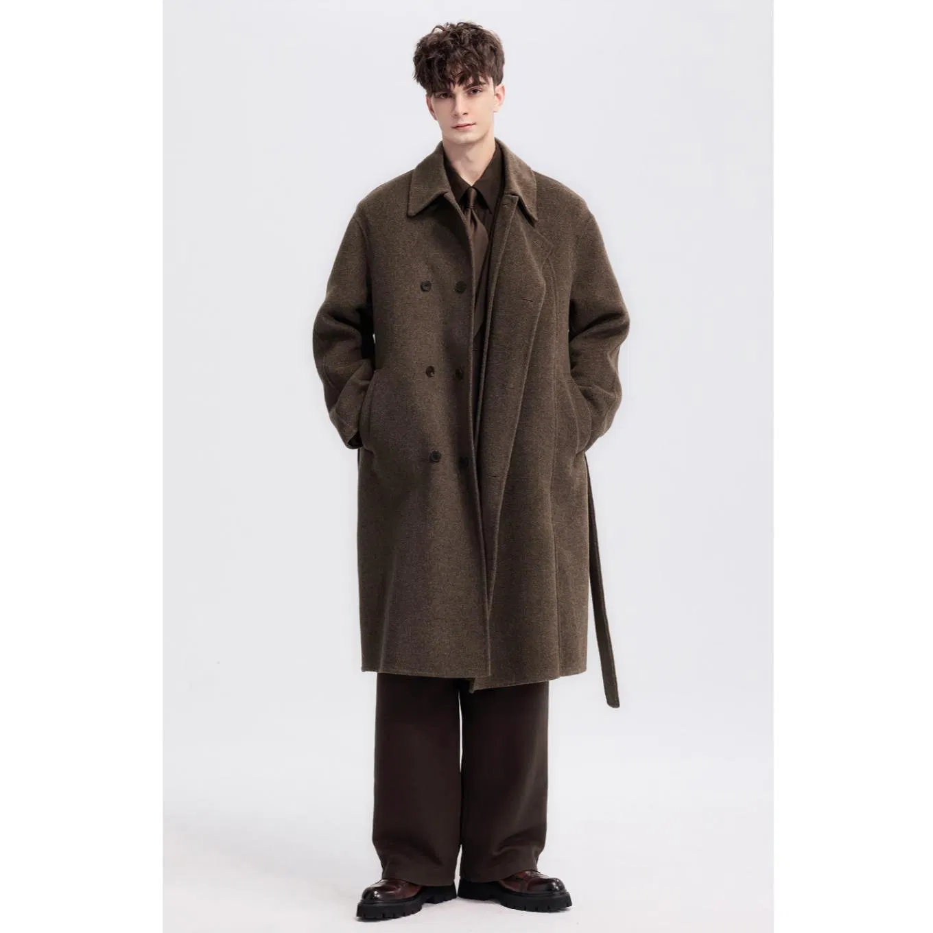 Manufacturer Wholesale High-End Regular Fit Double Breast Turn Over Collar Design Formal Men's Double Face Wool Coat with Belt for Winter Wear