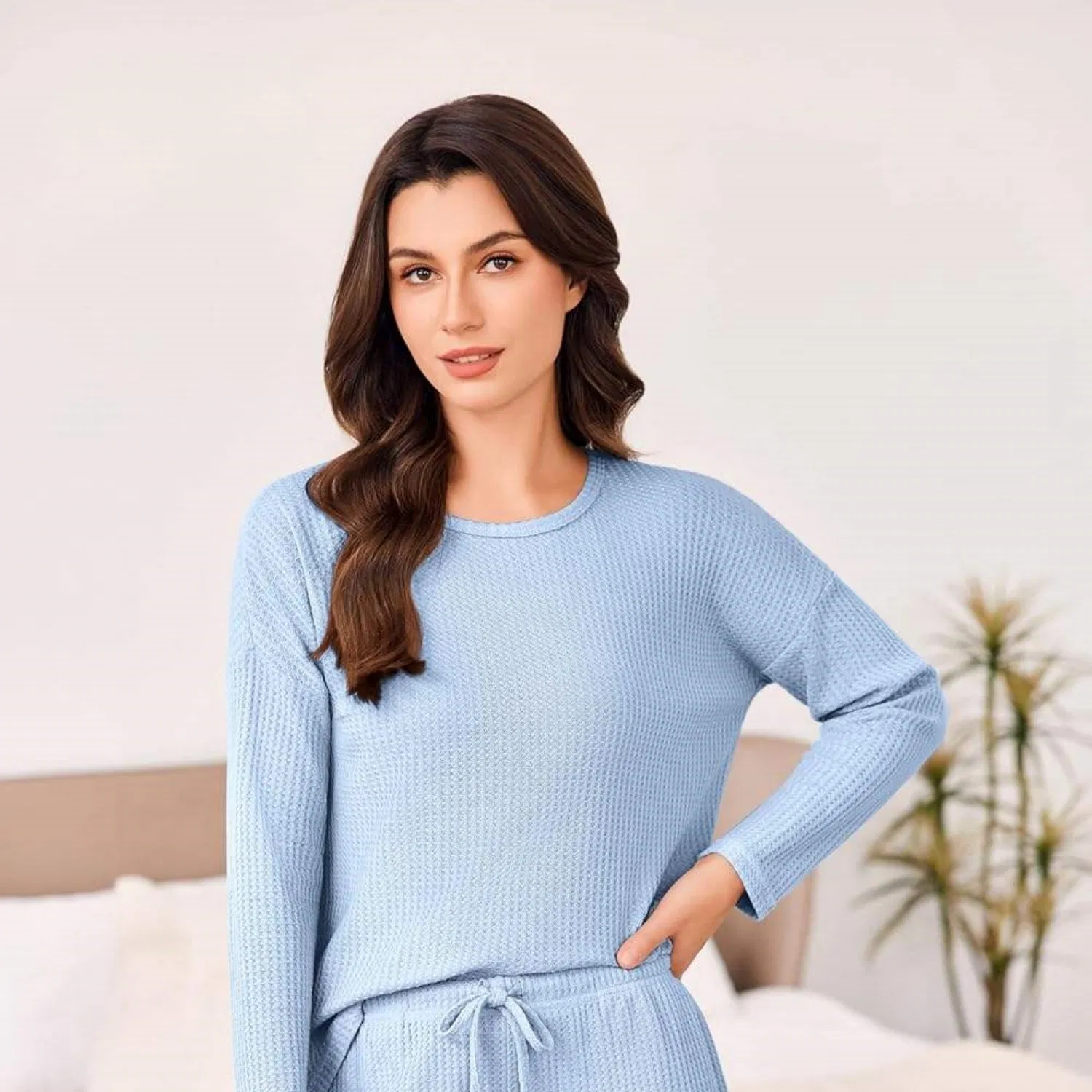 OEM Clothing Manufacturer Women Sleepwear Women Waffle Knit Set Long Sleeve Top and Shorts Lounge Pajama Set Soft Loungewear Sweatsuit with Pockets